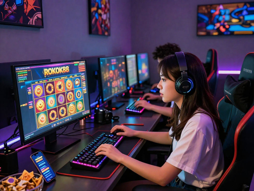 Engaged players exploring rokok 88 slot games in a vibrant gaming setup