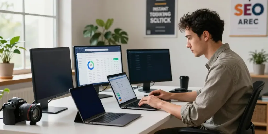 Professional workspace illustrating instant indexing with multiple monitors and tech gadgets.