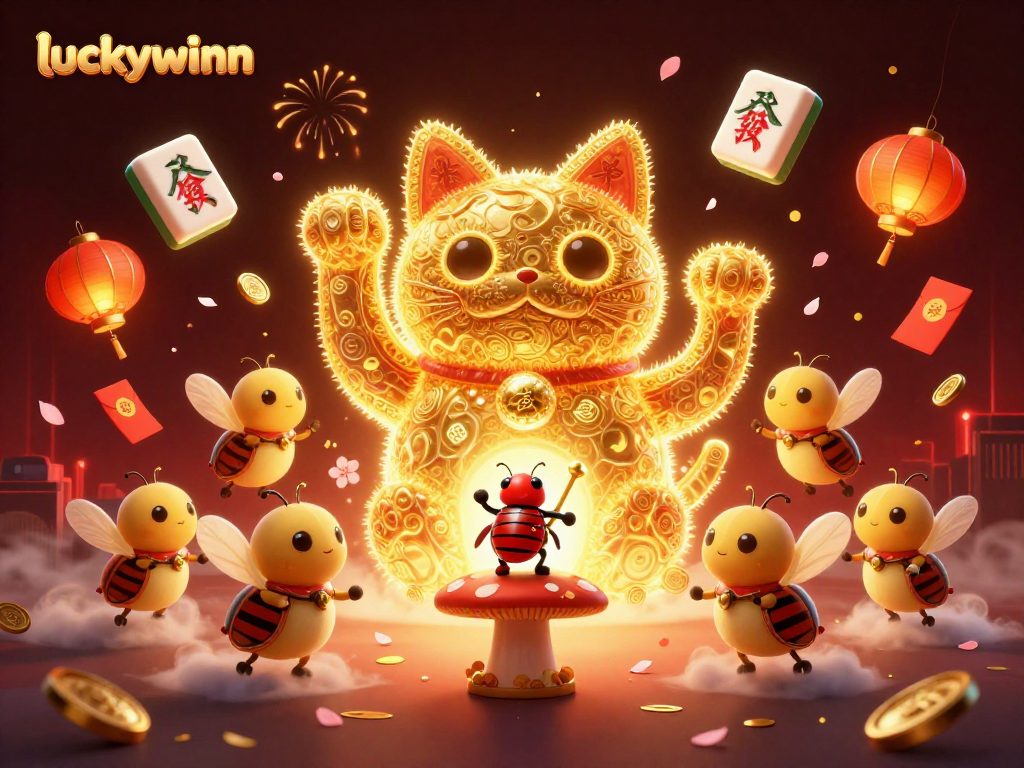 Experience the excitement at Luckywinn with a dynamic casino illustration featuring a lucky cat and lush symbols.