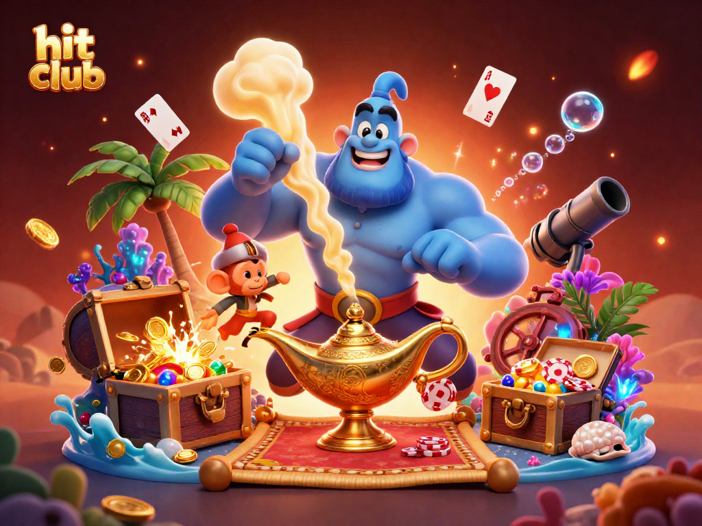 Experience the thrill of hit club with a vibrant casino scene featuring a genie and poker chips.