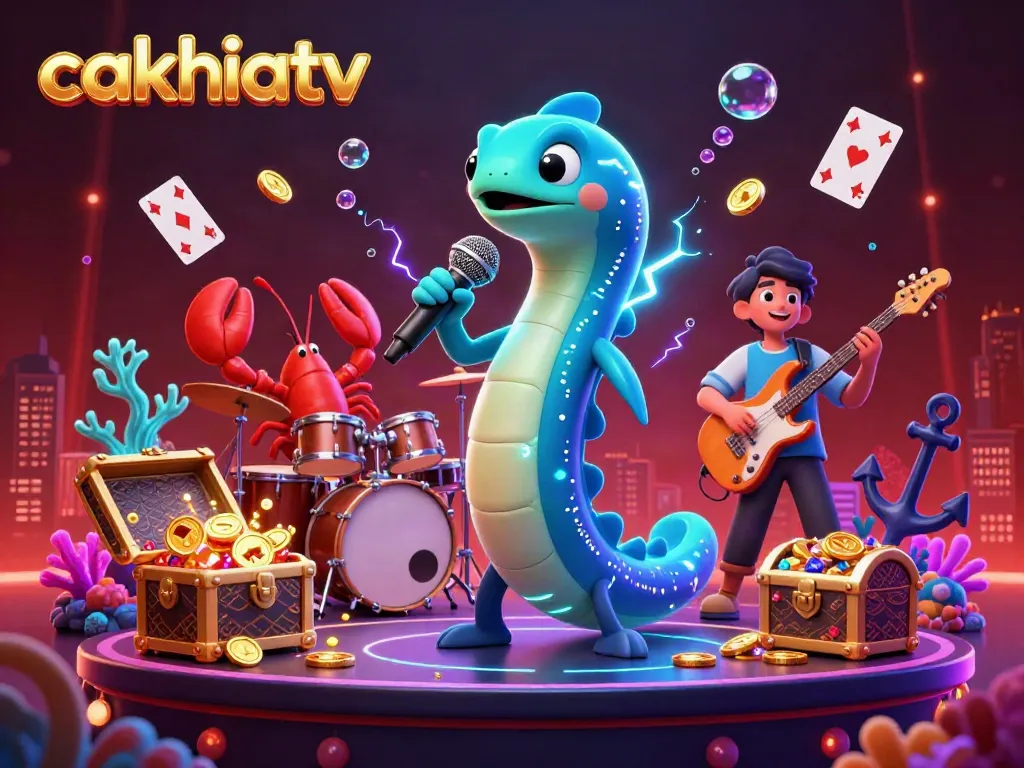 Experience the vibrant underwater casino with cakhiatv's electric eel DJ and friends performing amidst treasures and games.