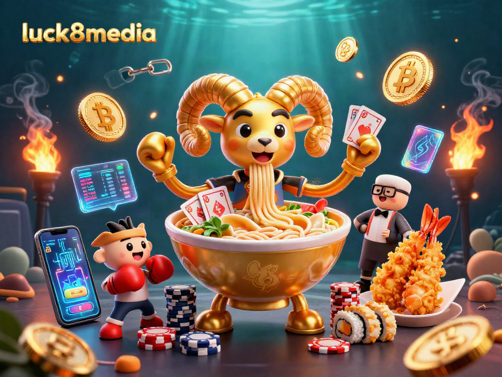 Engage with luck8media's vibrant casino scene showcasing a ramen bowl dealer amidst crypto elements.