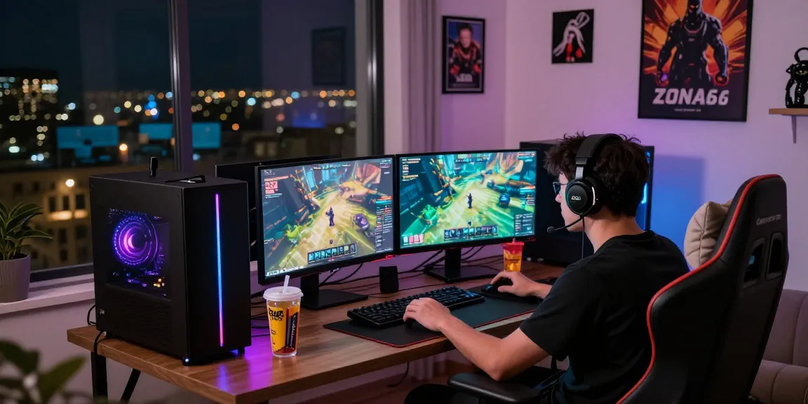 ZONA66 gamer immersed in an online gaming session with vibrant graphics and dynamic lighting.