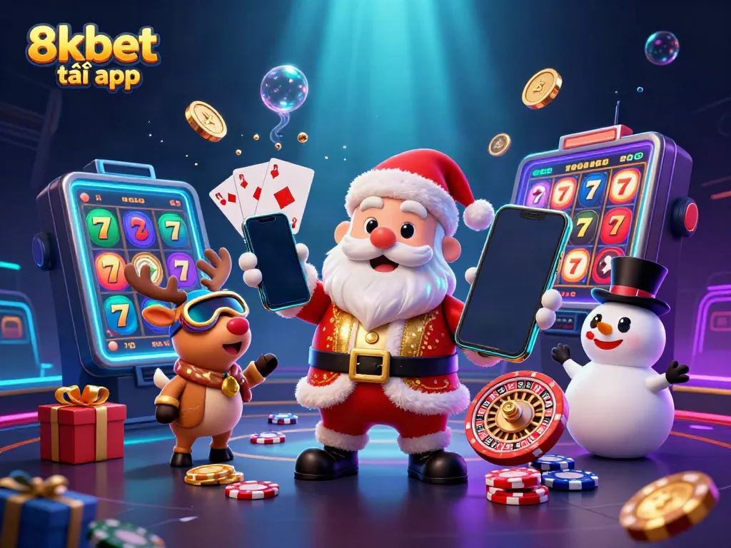 Play exciting casino games with 8xbet tải app, showcasing Santa and friends in a vibrant 3D scene.