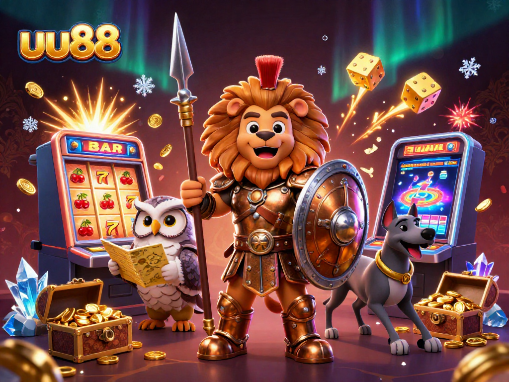 Spin the reels and win big with uu88 at this vibrant casino-themed illustration!