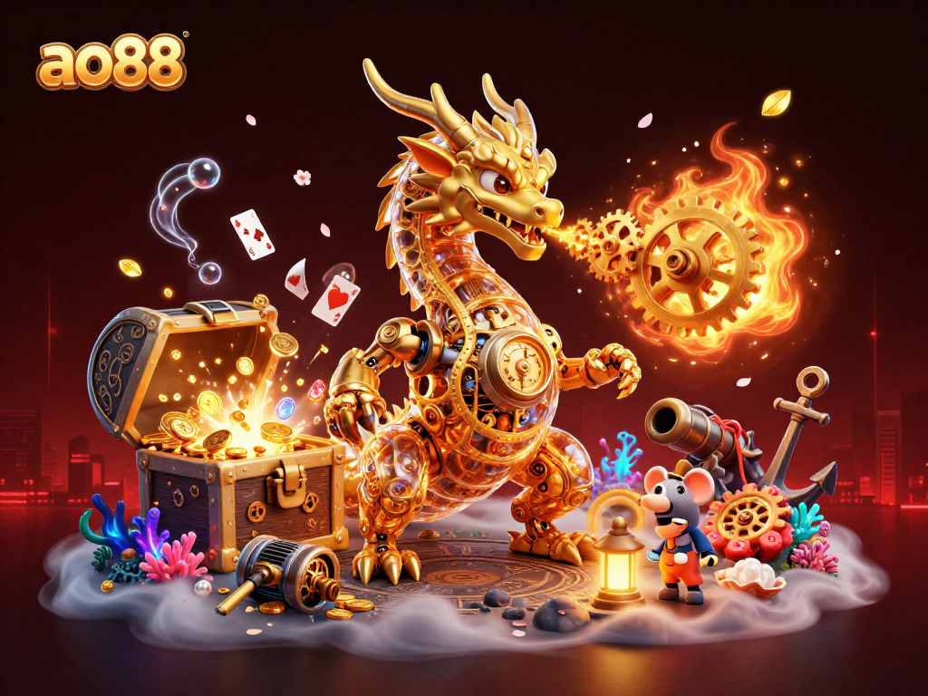 Experience thrilling gameplay at ao88 with a golden dragon and treasure in a vibrant casino scene.