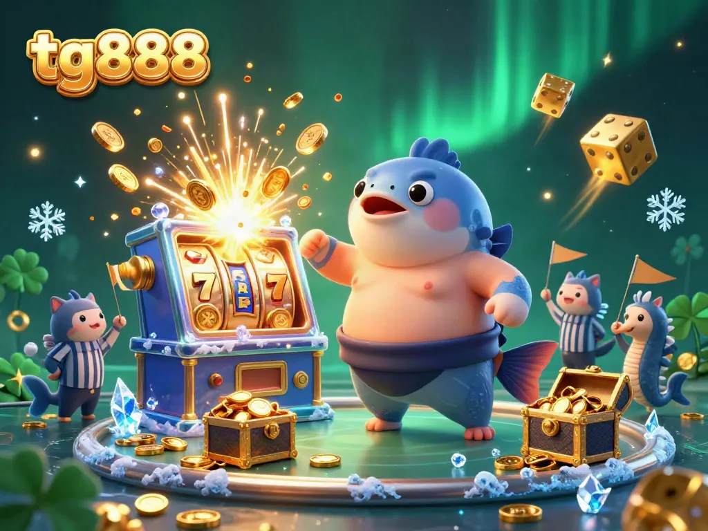 Experience the thrill of tg888 with a lively underwater casino scene featuring a fugu, catfish referee, and exciting slot machine action.