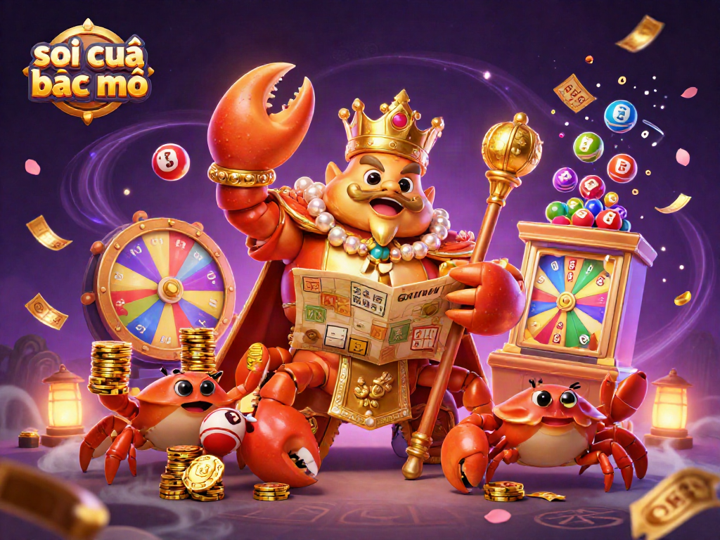 Engage with soi cầu bạc nhớ through this vibrant 3D illustration featuring a golden crab emperor and lottery elements.