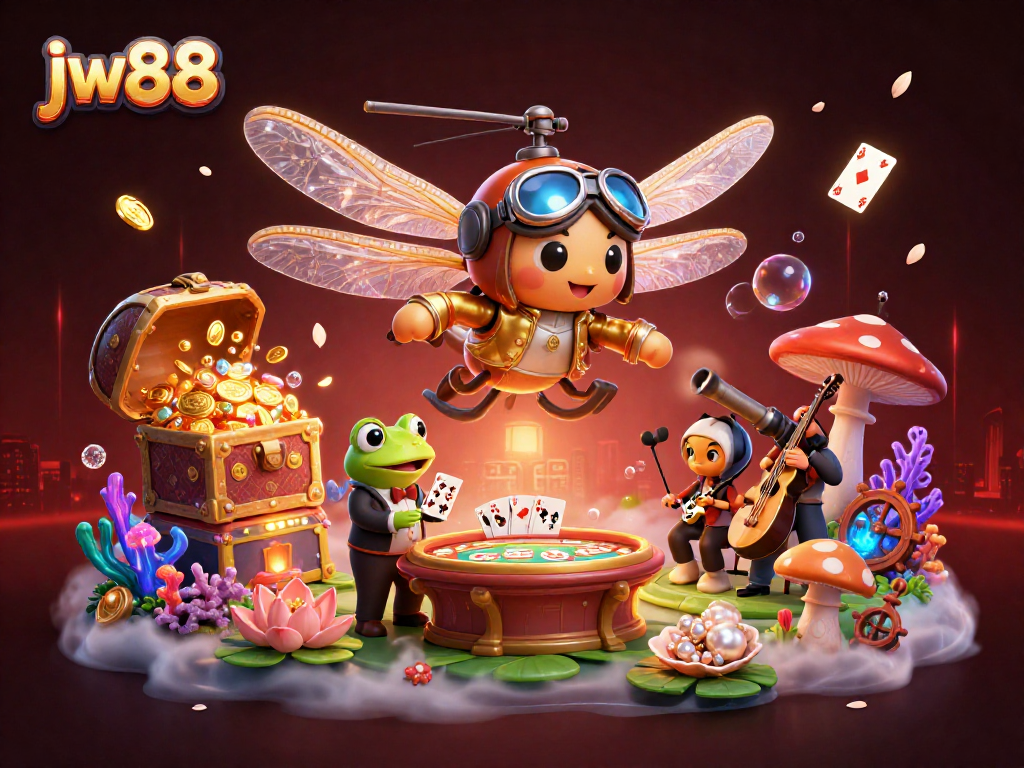 Engage in thrilling adventures at jw88 with a frog croupier and vibrant casino scene.