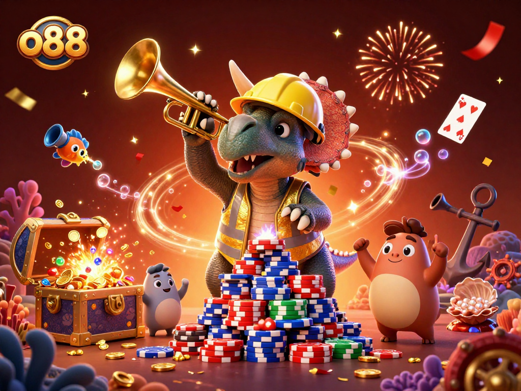 Experience the vibrant world of o88 with a lively 3D illustration of a triceratops building poker chip pyramids in a colorful casino scene.