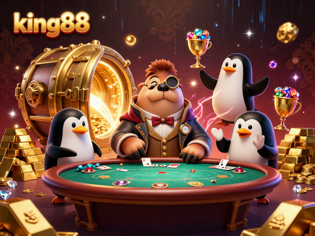 Experience high-stakes action with king88 at the underwater poker showdown featuring vibrant characters and treasures.
