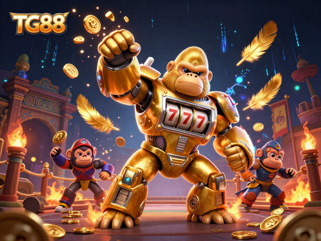Experience fast-paced gaming at TG88 with a thrilling 3D illustration featuring a golden gorilla mech.