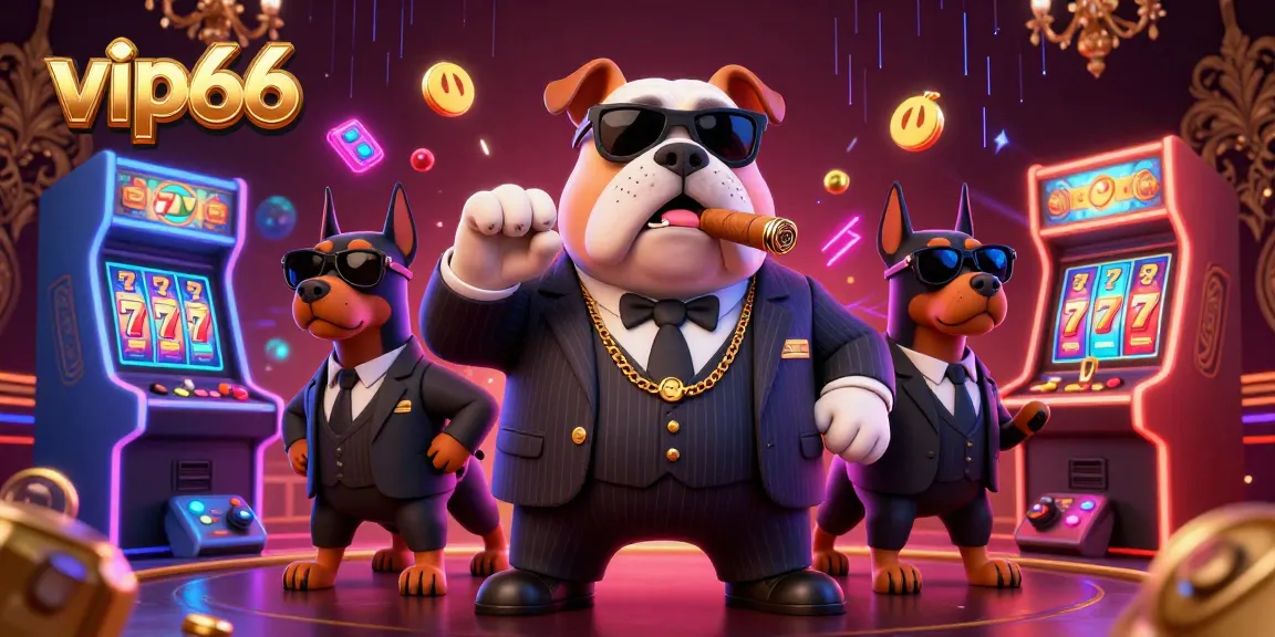 Engage in thrilling gaming at vip66, featuring a mafia boss bulldog in a vibrant casino scene.
