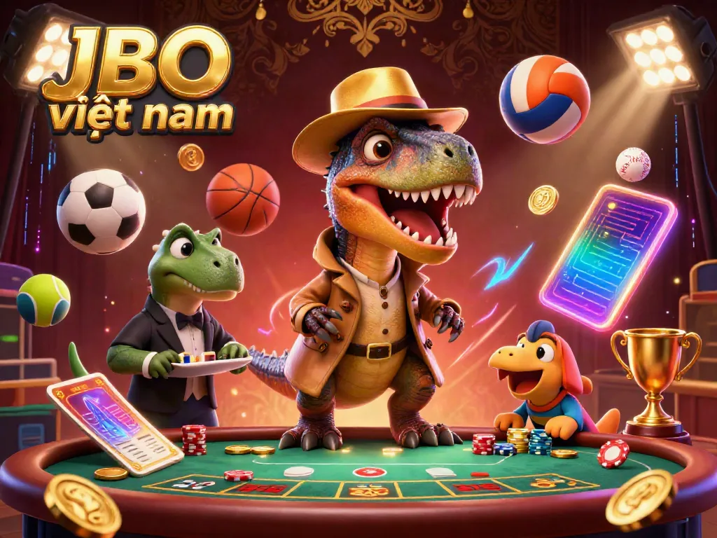 Experience the thrill of JBO việt nam casino with a velociraptor card counter, animated sports elements, and dazzling visuals.