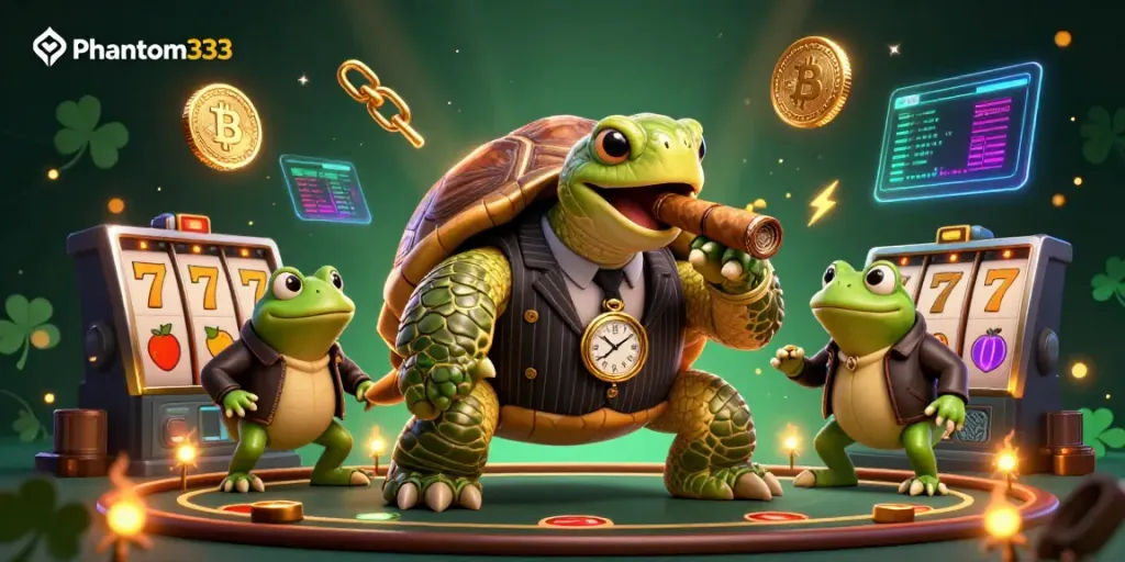 Phantom333 casino scene featuring a turtle mobster and frog enforcers surrounded by slot machines and crypto elements.