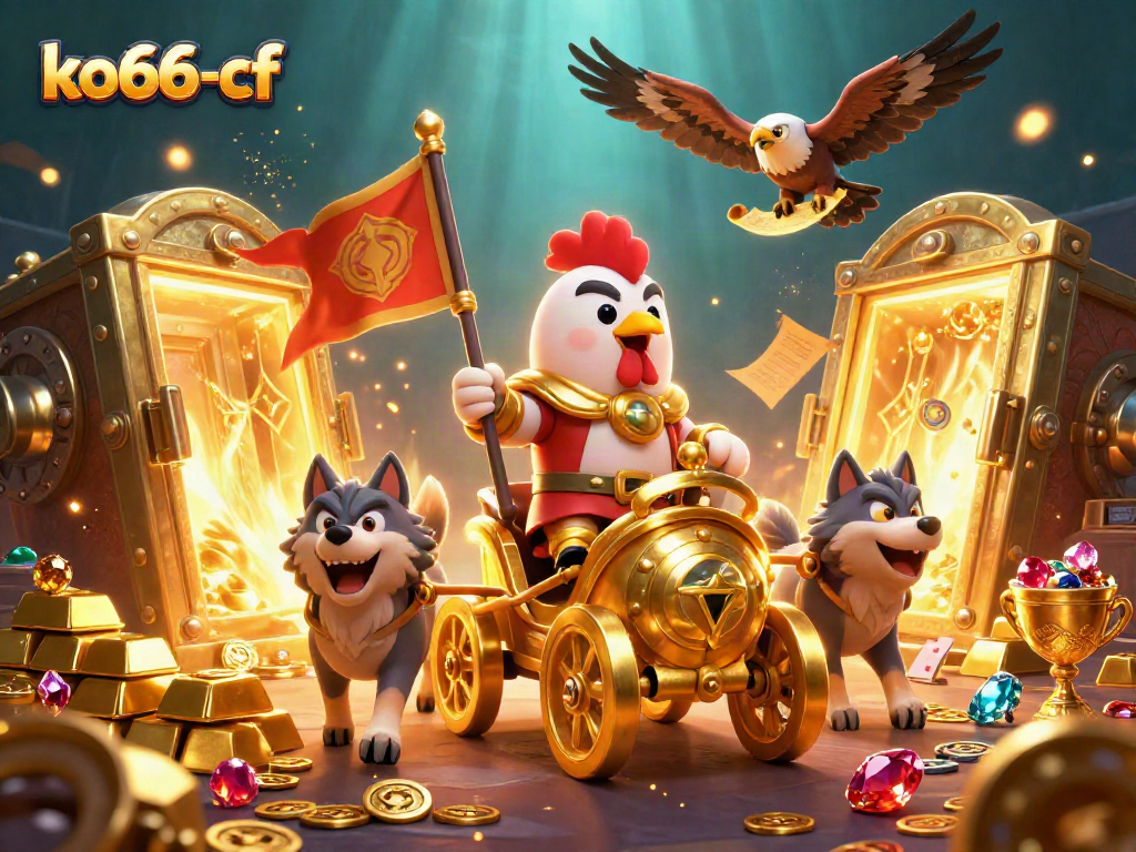 Experience the excitement of ko66-cf with a dynamic 3D casino scene featuring a rooster warlord.