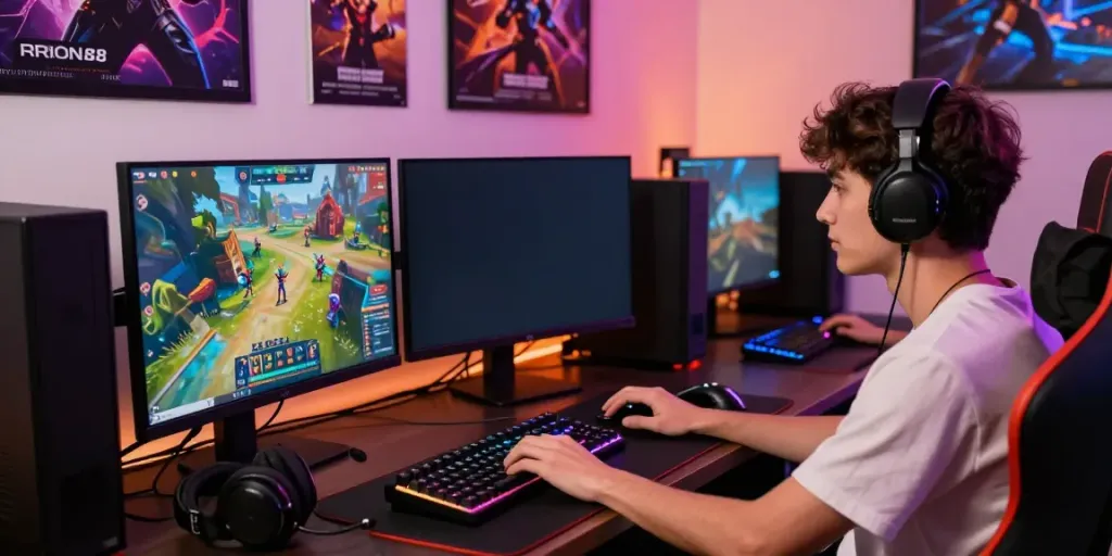 Engaged gamer exploring the ORION88 platform on a desktop setup with vibrant game visuals.