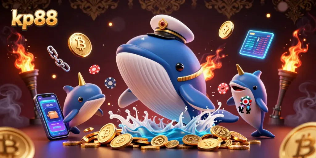 Experience gaming excitement with kp88's vibrant scene featuring playful whales and poker chips.