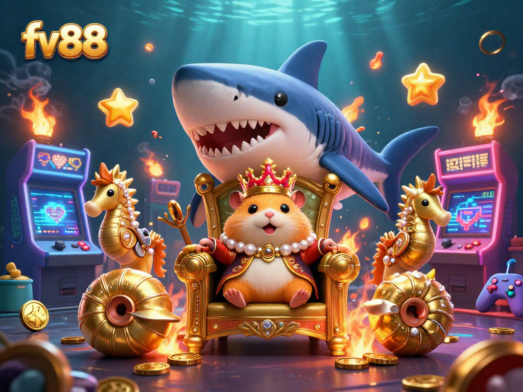 Engage in thrilling gameplay at fv88 with a golden hamster king leading amidst vibrant casino elements.