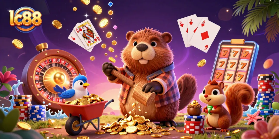 Experience winning moments at lc88 as beaver collects golden coins in a vibrant casino scene.