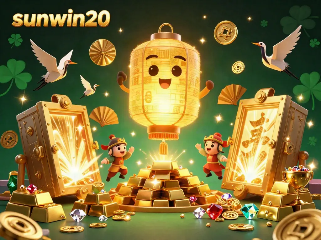 Experience the vibrant offerings of sunwin20 casino with enchanting golden symbols and characters in a lively 3D scene.