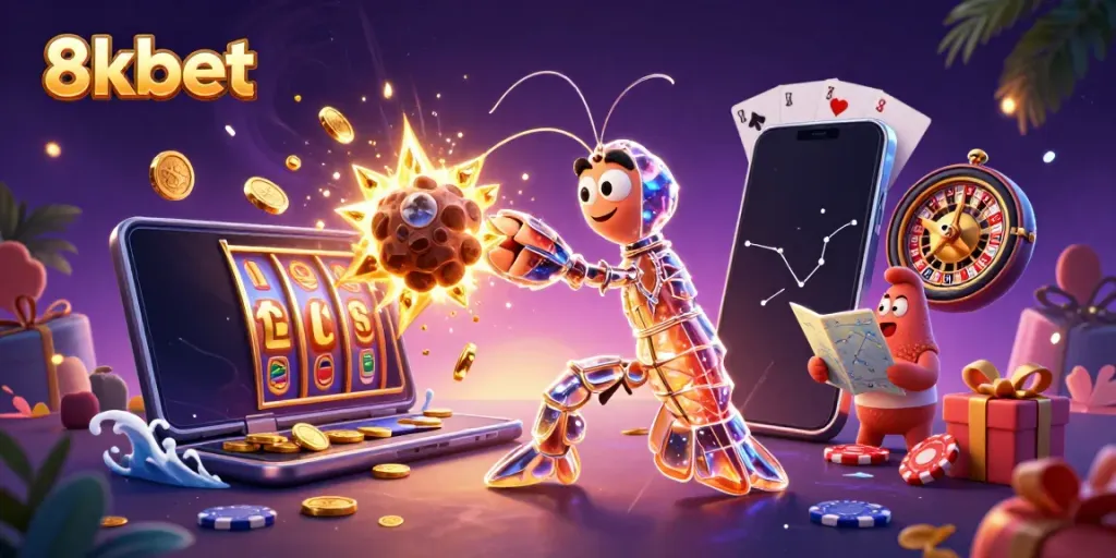 Experience exhilarating wins at 8xbet with a vibrant 3D casino scene featuring games and characters.