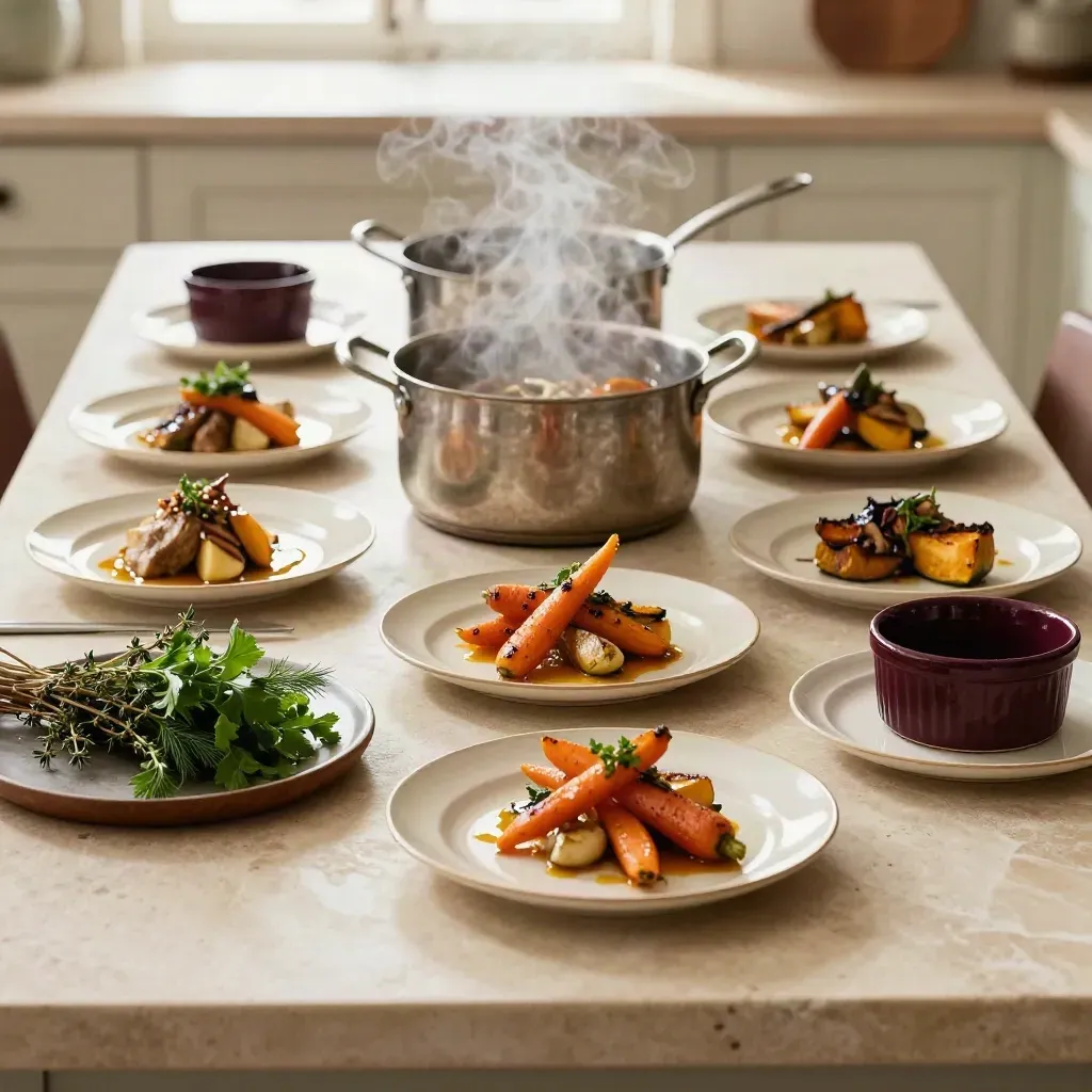 Steam curls as a final side lands beside mains on a pale stone kitchen island.
