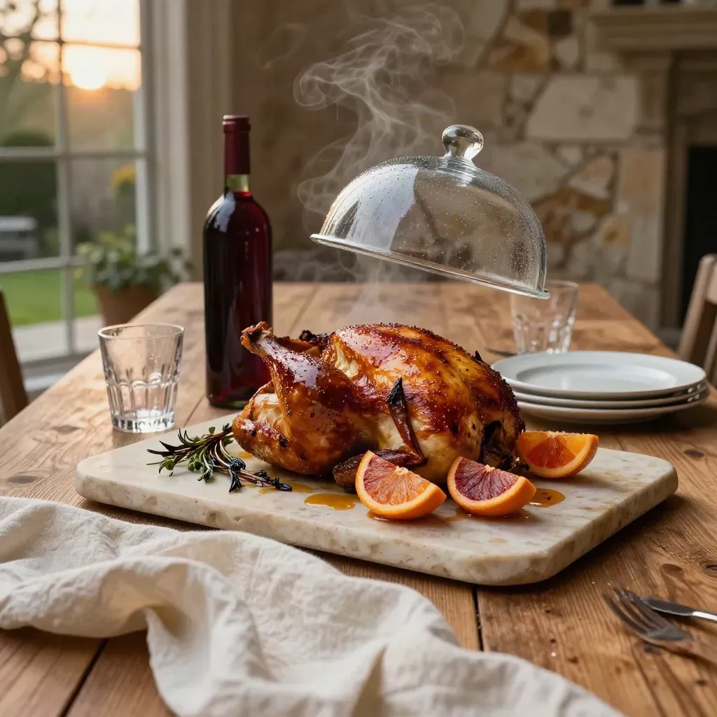 Roast chicken, blood orange, wine bottle and plates on an oak courtyard table at dusk.
