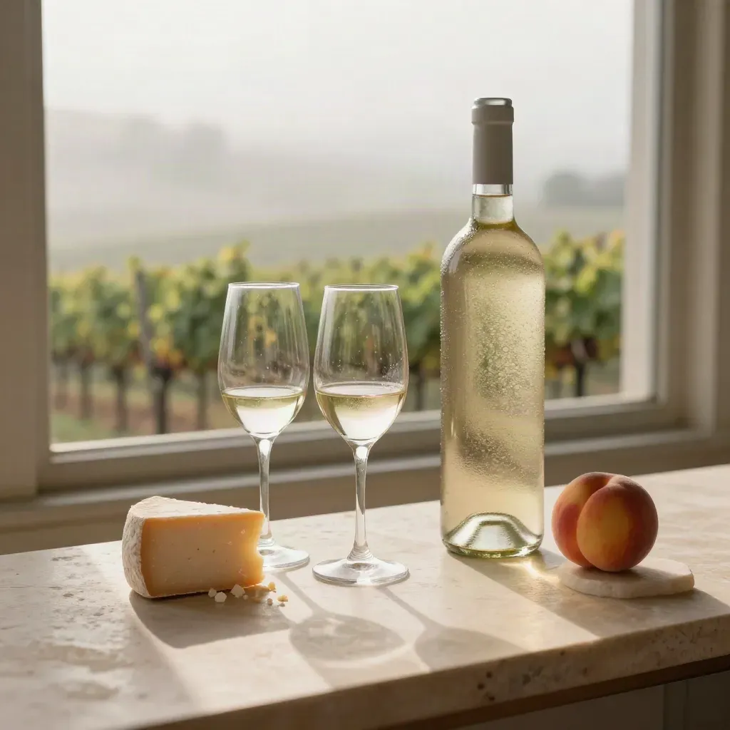 White wine bottle, two glasses, cheese and a peach on limestone at a misty vineyard counter.