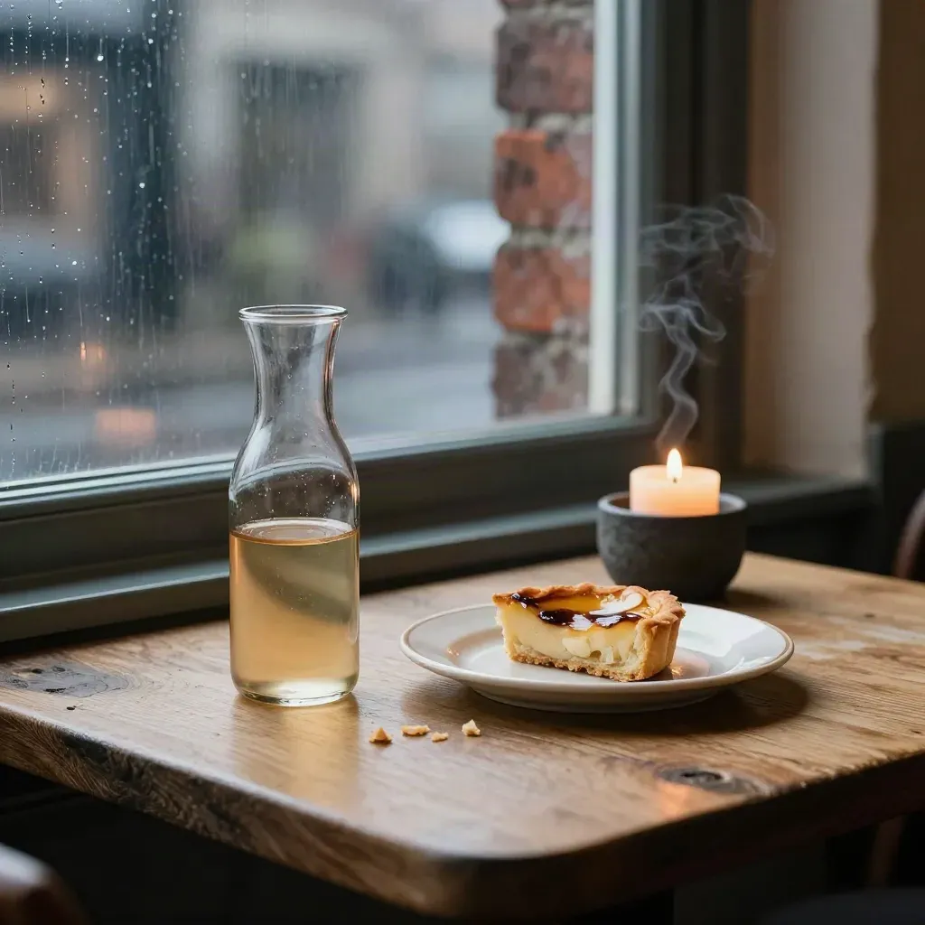 Rainy bistro table with tartine, candle, and carafe by a blue-hour window.