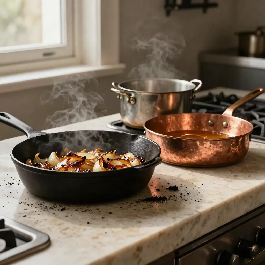 Cast-iron skillet, copper sauté pan and saucepot on stone with onions, stock and steam under dramatic light