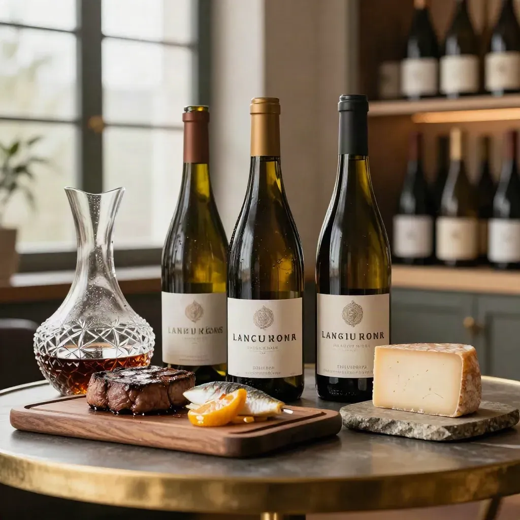 Wine pairings with steak, white fish, and cheese in a refined cellar tasting scene.
