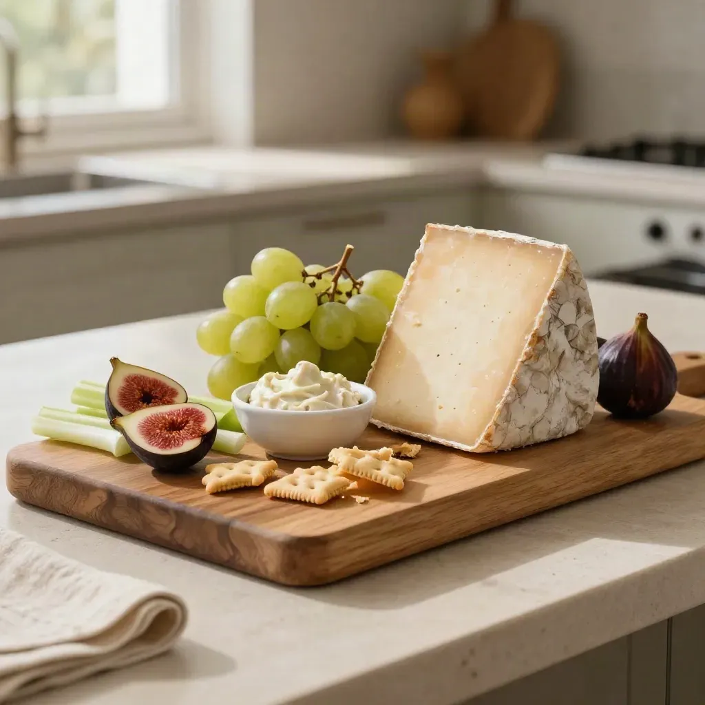 Oak cheese board with manchego, grapes, figs, crackers, celery, and cream dip