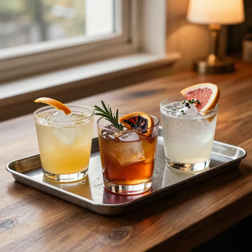 Three cocktails on a bar tray with citrus, smoky and sparkling garnishes in warm window light.