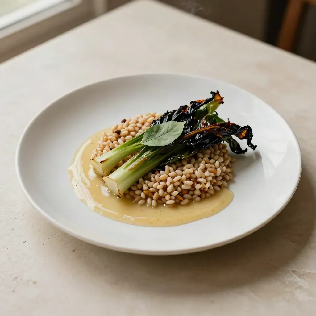 Overhead plated dinner with sauce swipe, grains, charred greens and a landed herb leaf on plaster.