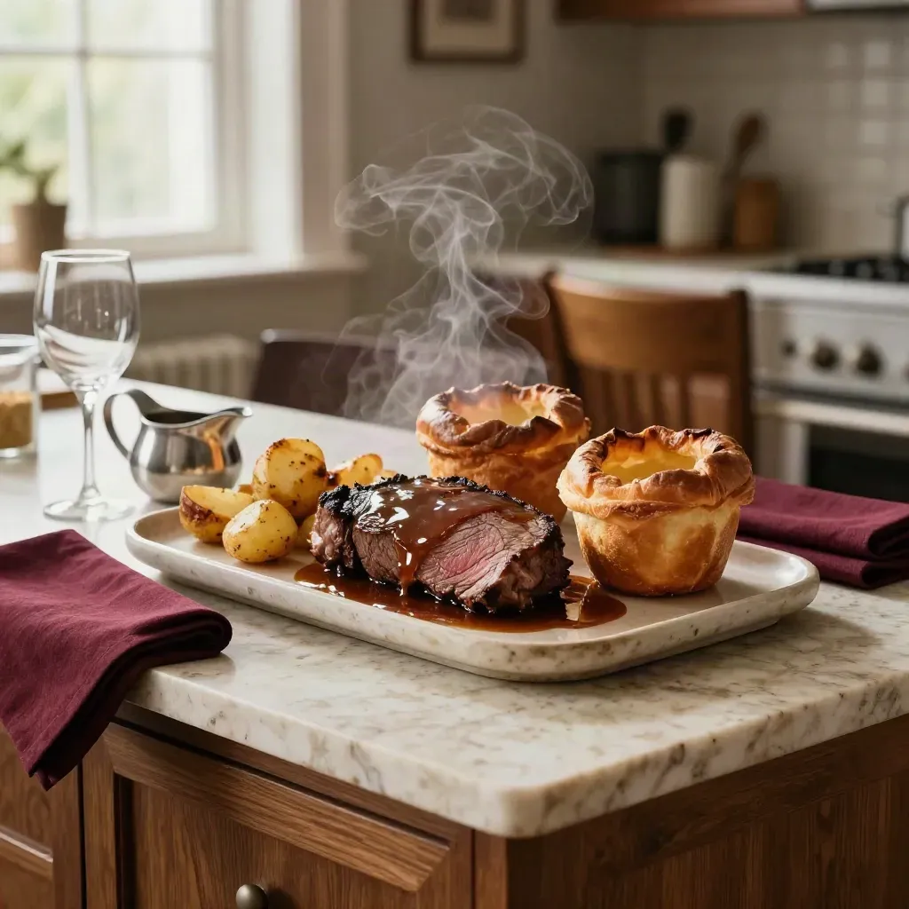 Roast beef Sunday dinner with Yorkshire puddings, potatoes, gravy, and stemware on a travertine sideboard.