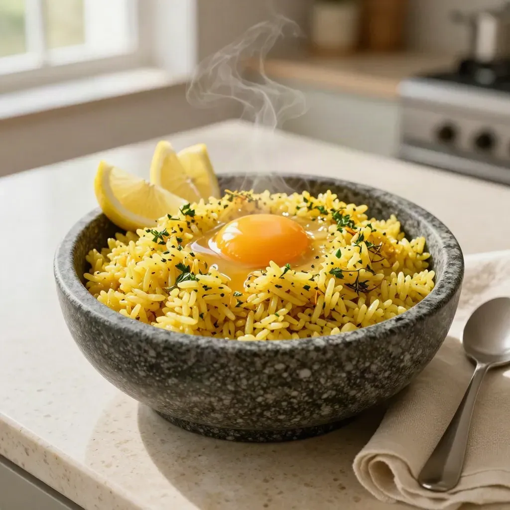 Top-down saffron rice bowl with herbs, lemon wedges, and broken yolk on stone.