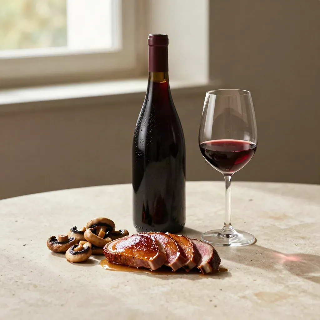 Pinot noir bottle beside duck, mushrooms, and a first pour on pale stone.