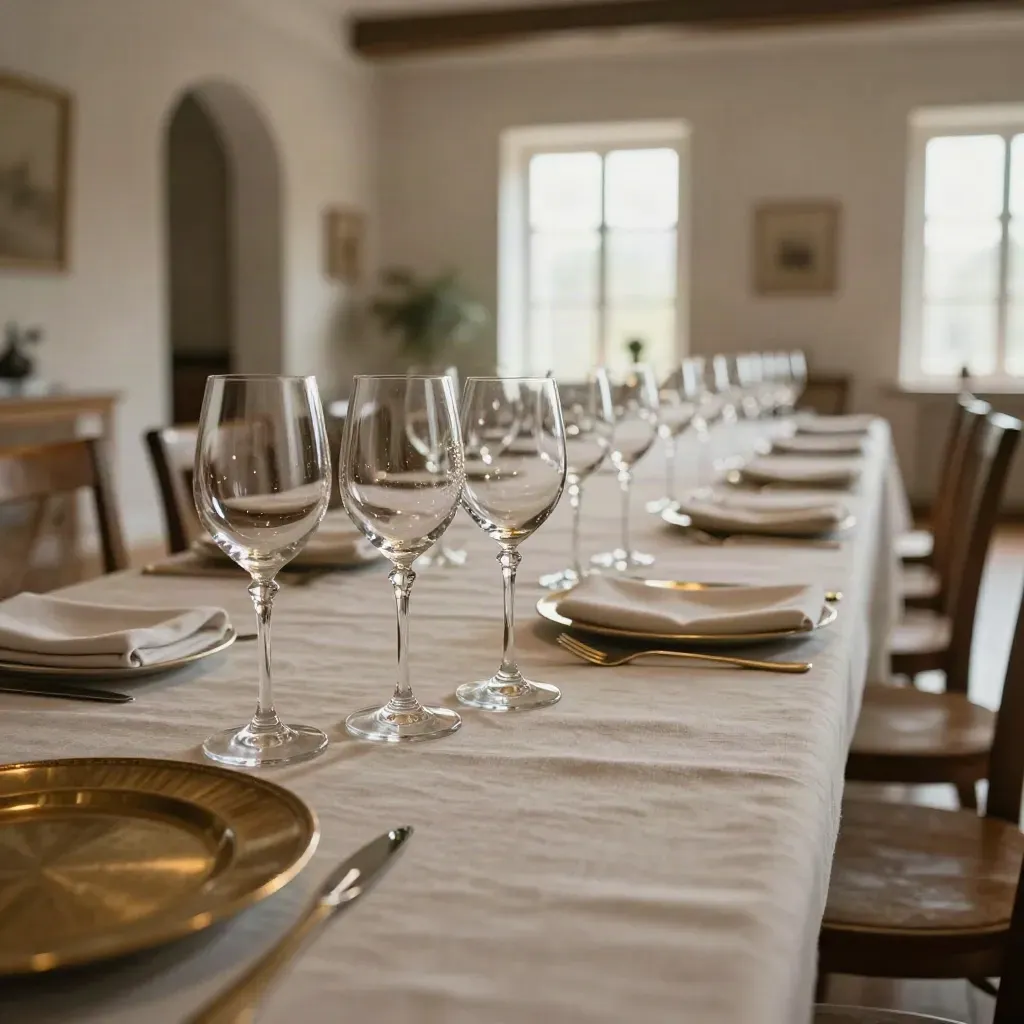 Stemware lined on a linen table under warm dramatic light in a grand dining room.