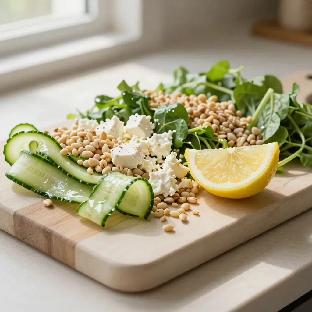 Salad board mid-serve with greens, grains, feta, cucumber ribbons, and lemon on pale stone.