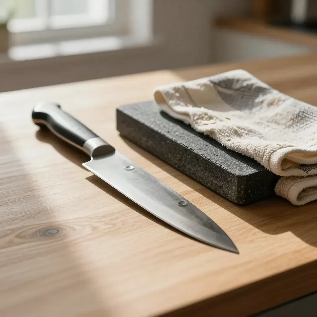 Chef’s knife beside honing steel and sharpening block on a pale wooden counter.