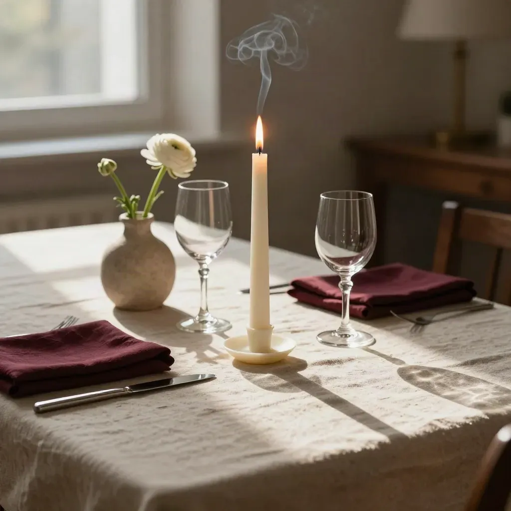 Taper candle, white flower, and two empty glasses on linen in warm late-afternoon light