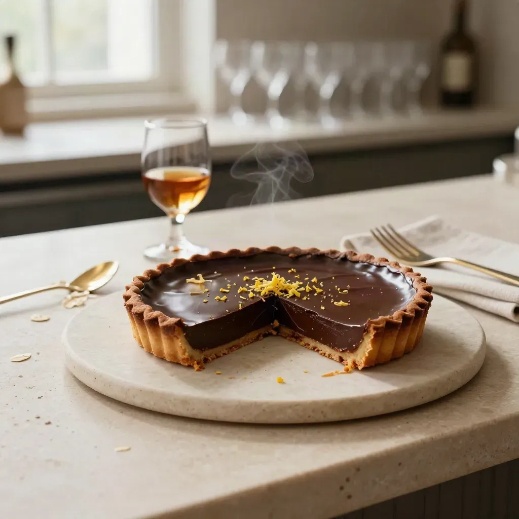 Chocolate tart with citrus zest and amber digestif on a stone plate.