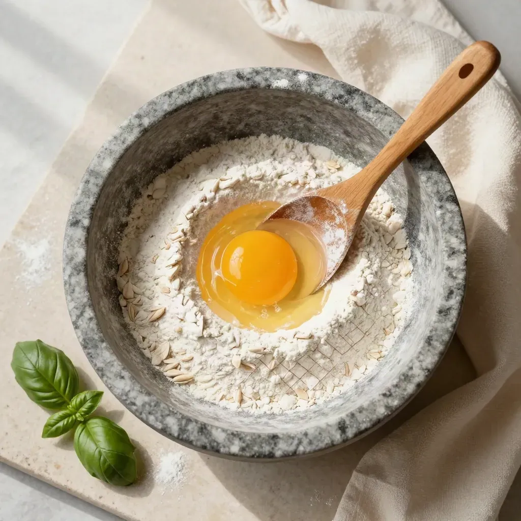 Overhead stone bowl with cracked egg, basil, spoon and cream cloth on pale stone.