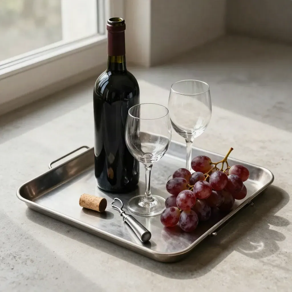 Top-down wine pairing still life with bottle, corkscrew, glasses, grapes on a metal tray.