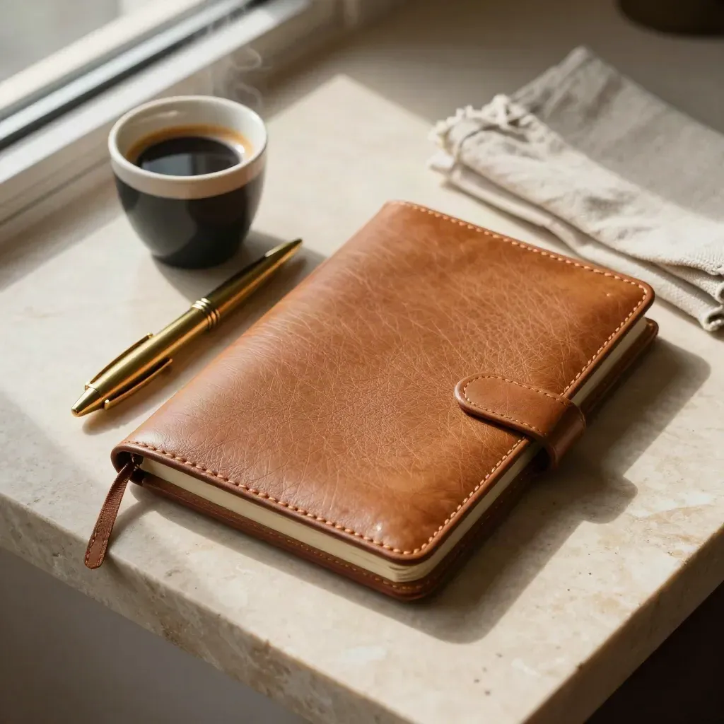 Closed leather notebook, brass pen, espresso cup and linen napkin on pale stone with faint steam