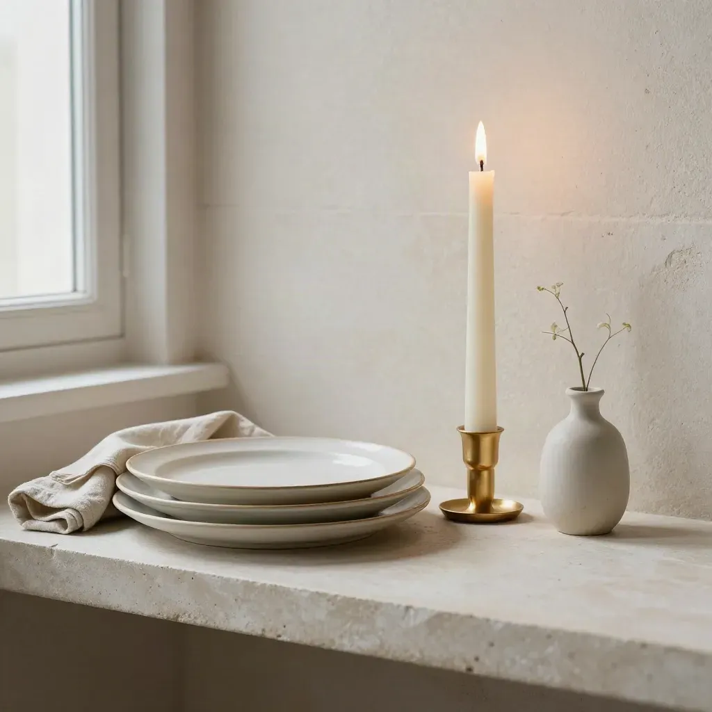 Lit taper candle with stacked cream plates, linen napkin, and tiny bud vase on a plaster shelf