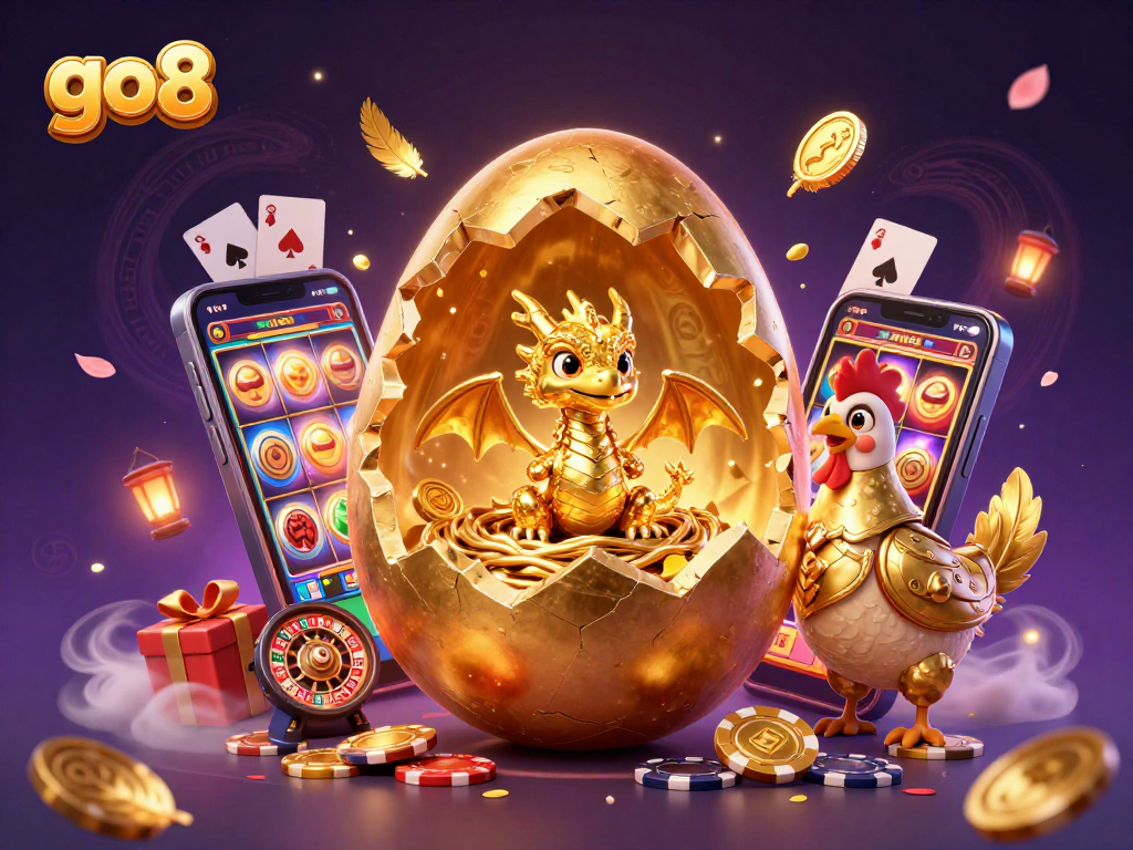 Experience thrilling wins with go8's captivating gaming scene featuring a golden dragon and poker chips.