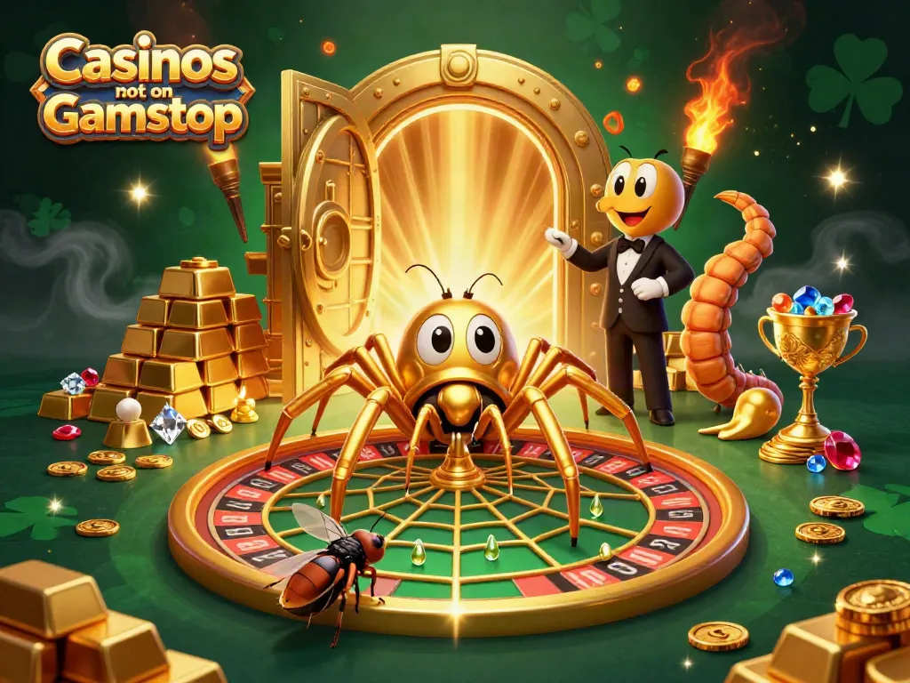 Engaging scene of a spider themed around Casinos not on Gamstop with gold and gems, depicting gambling action.
