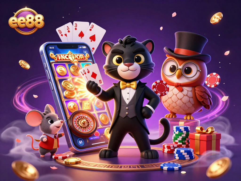 Experience excitement at ee88 casinos with a stylish panther dealing cards and an owl holding poker chips.